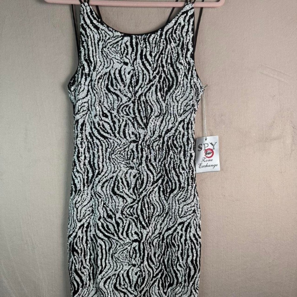 Spy Zone Exchange Zebra Sequin Mini Dress Women L Black White Strappy Back NWT